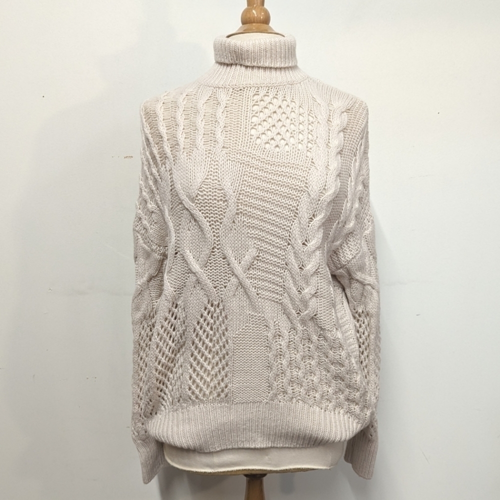 Athleta Cream Bedford Wool & Cashmere Sweater XS Fisherman Mock Neck